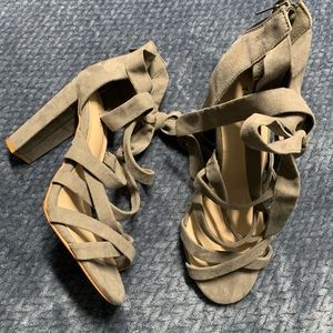 Grey thick strappy wrap heels